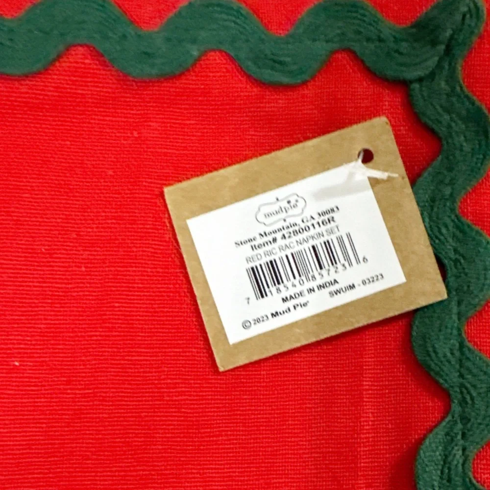 NEW Mud Pie Red RIC RAC NAPKIN Set/4